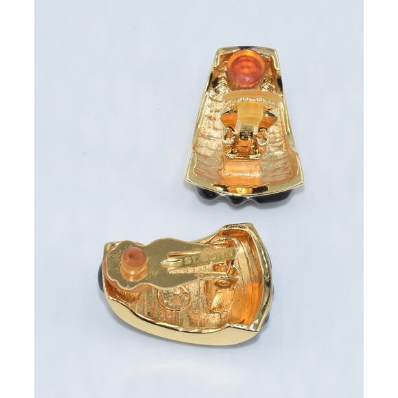 St. John Black and Gold Designer Runway Clip-On Earrings - Picture 6 of 7